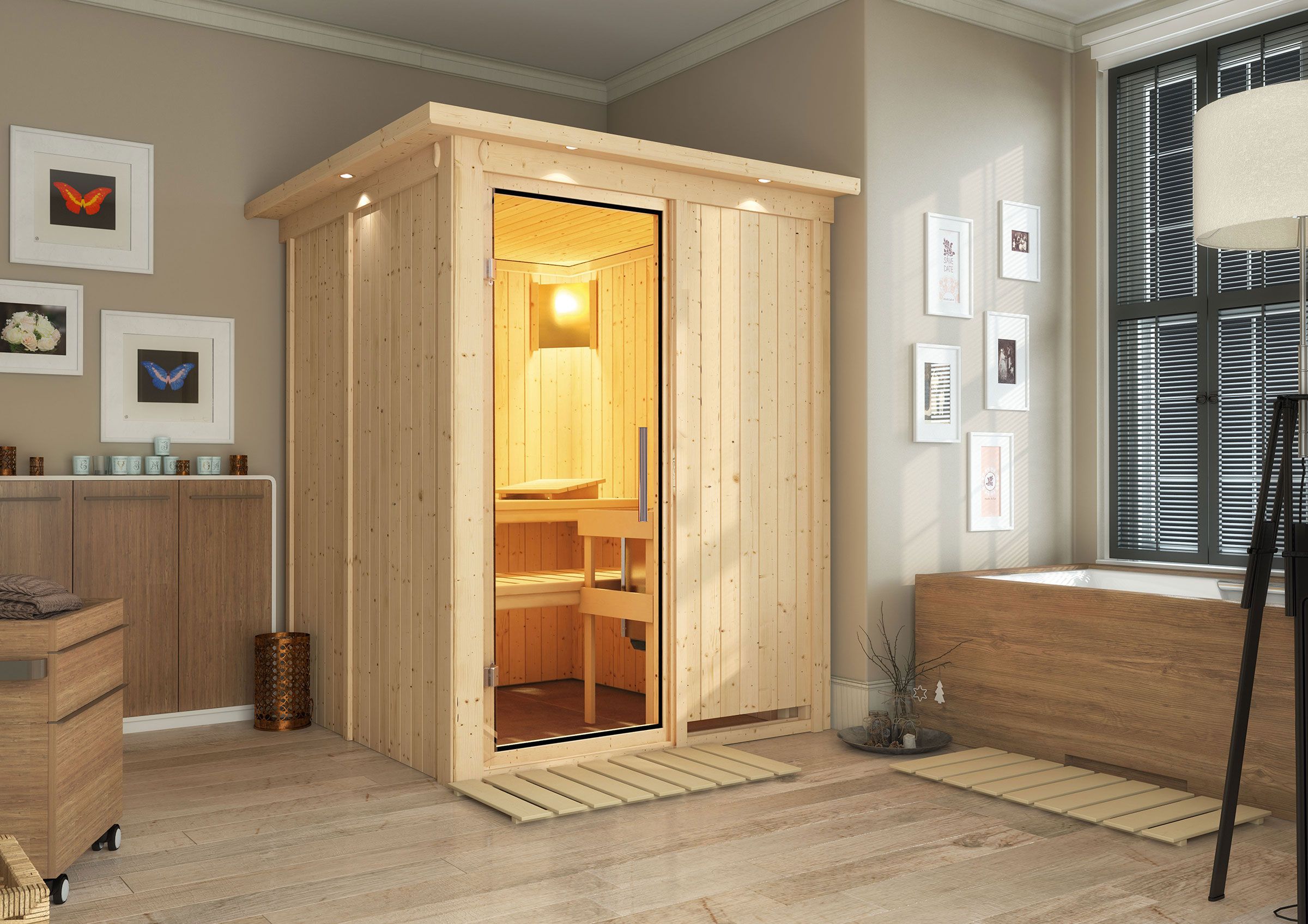 Niilo" sauna met helder glazen deur en rand - Kleur: Naturel - 165 x 165 x 202 cm (B x D x H)