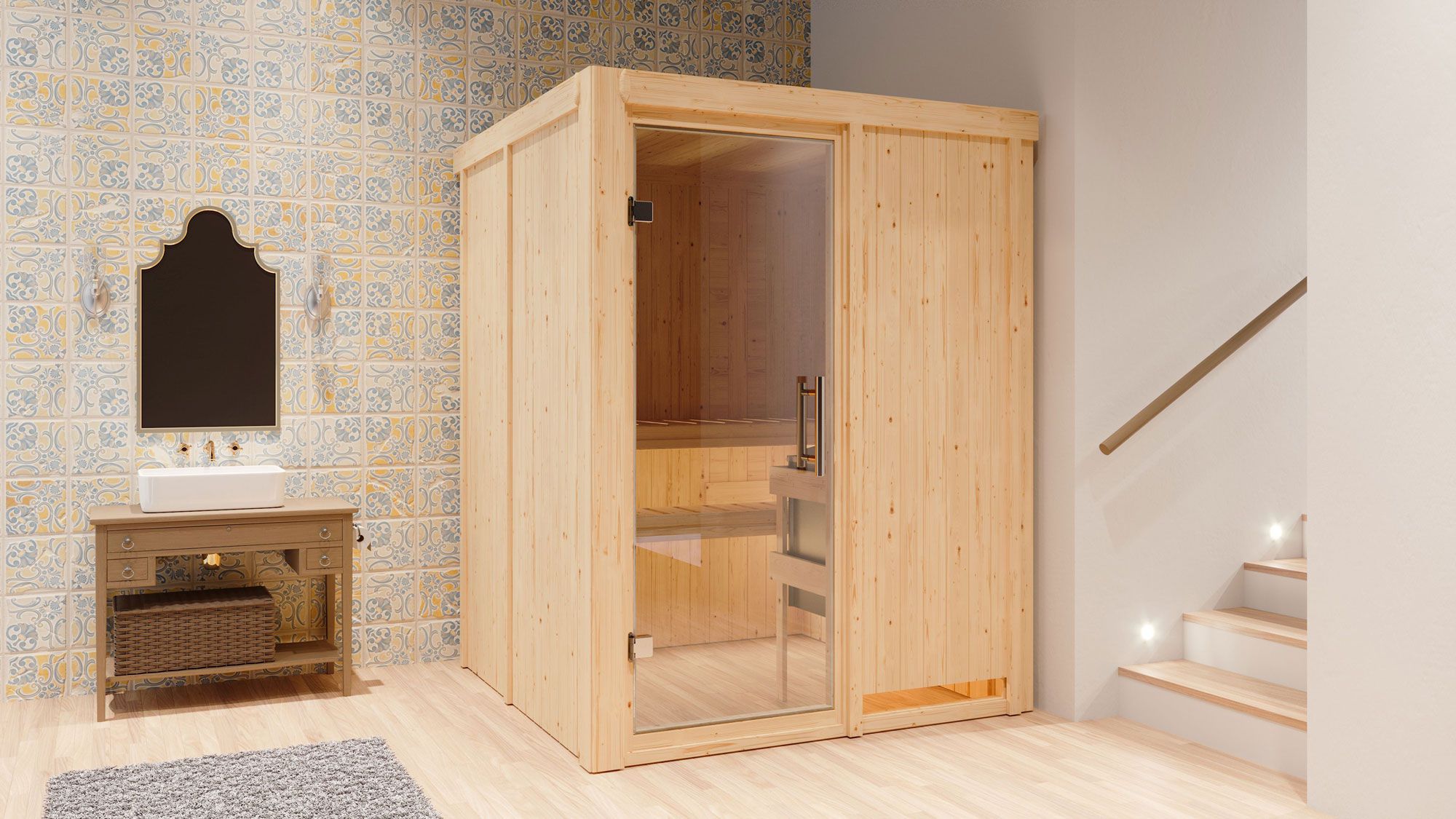 Sauna "Niilo" SET met heldere glazen deur & kachel 9 kW - 151 x 151 x 198 cm (B x D x H)