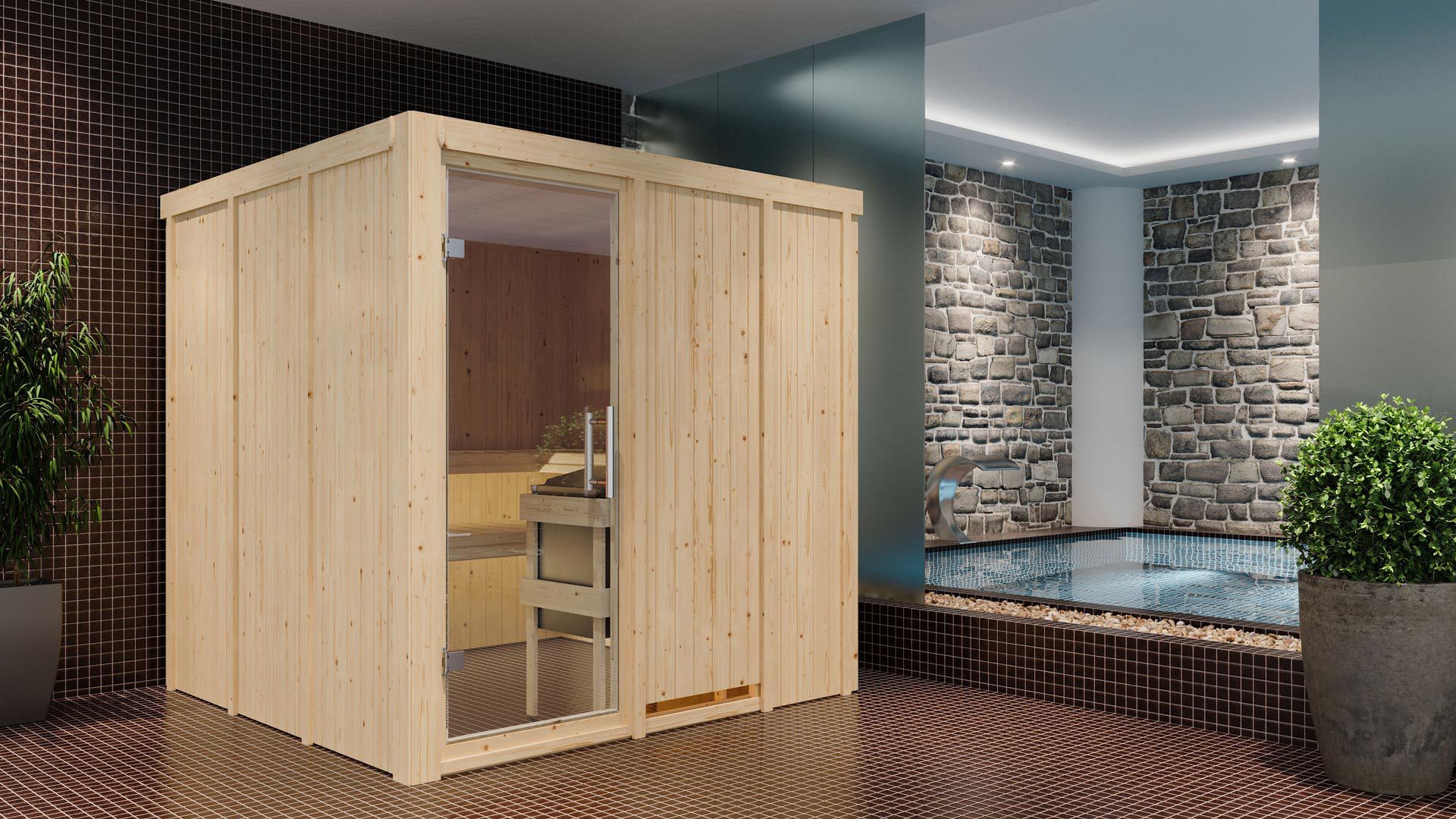 Sauna "Aleksi" SET met heldere glazen deur & kachel BIO 9 kW - 196 x 196 x 198 cm (B x D x H)