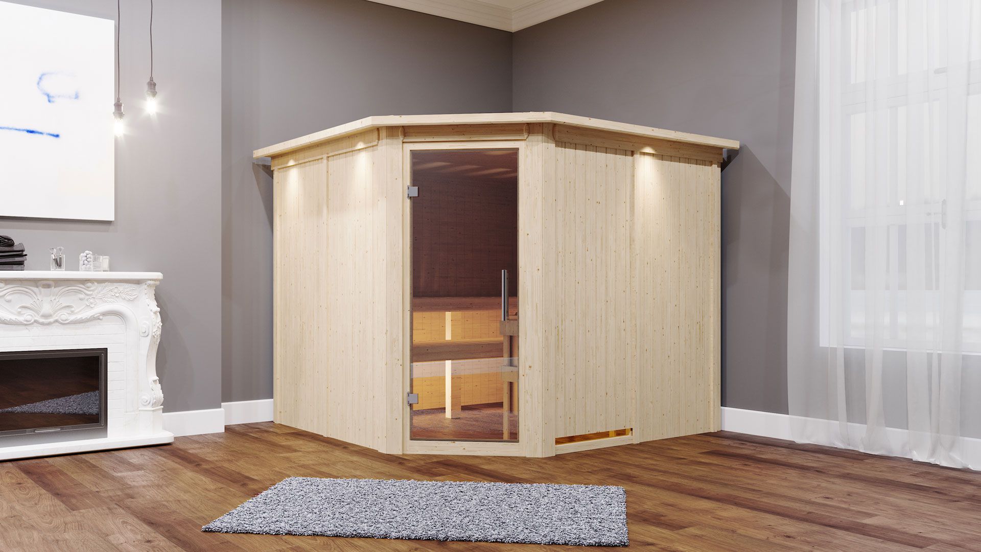 Samu" sauna met deur en rand van helder glas - Kleur: Naturel - 245 x 210 x 202 cm (B x D x H)