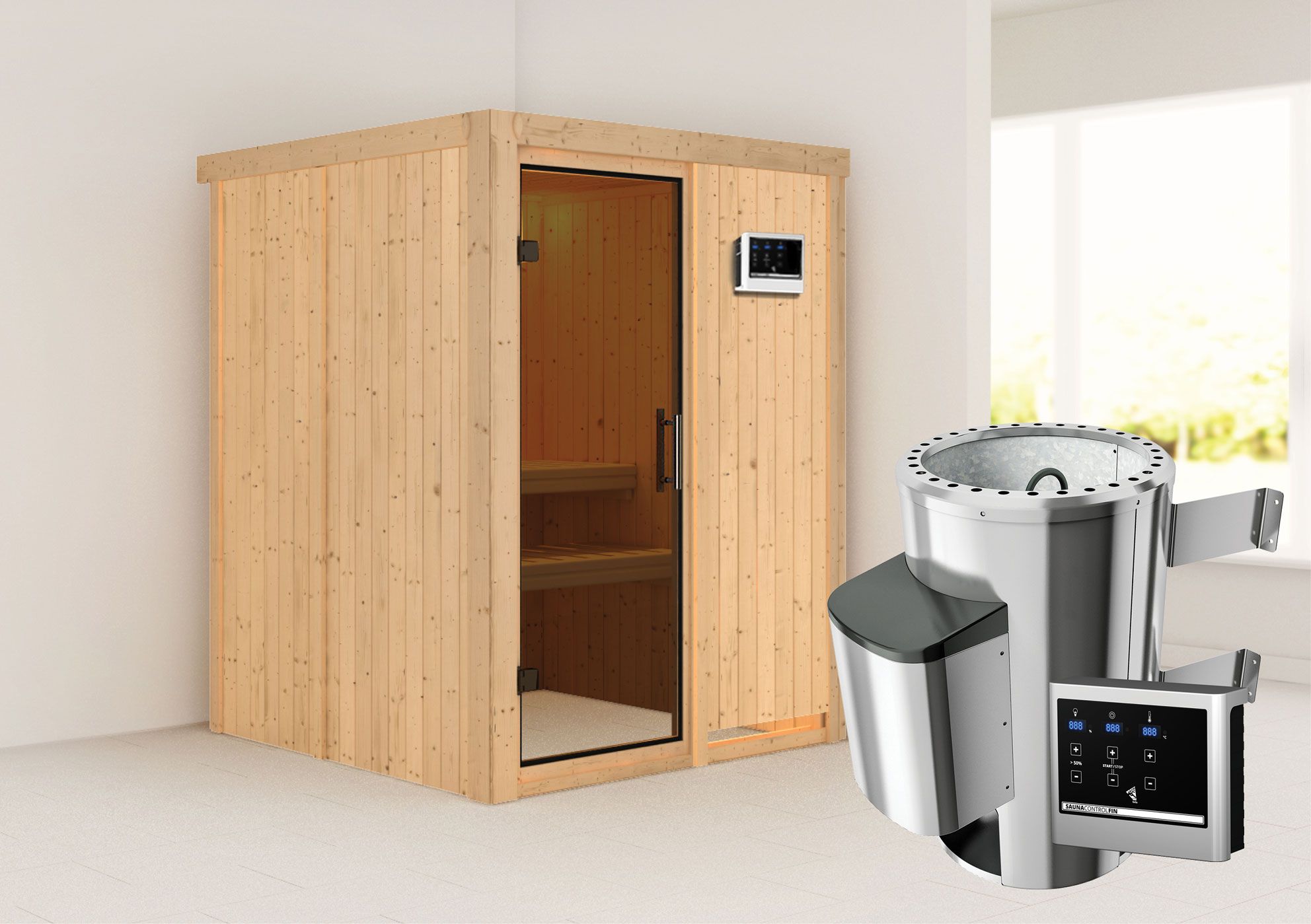 Sauna "Joran" SET met grafietkleurige deur - kleur: naturel, kachel externe regeling eenvoudig 3,6 kW - 151 x 151 x 198 cm (B x D x H)