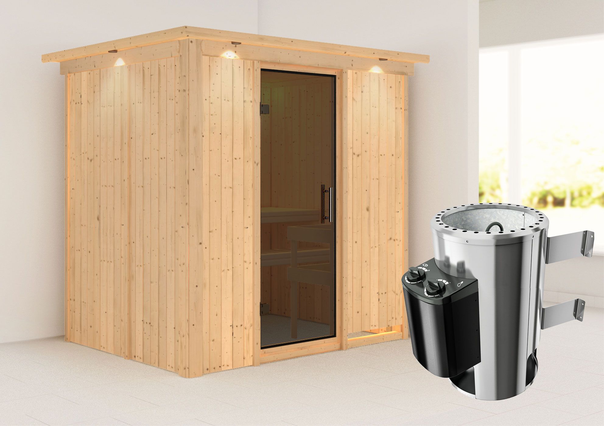 SET-sauna "Jarle" met grafietkleurige deur, rand & 3,6 kW kachel - 210 x 165 x 202 cm (B x D x H)