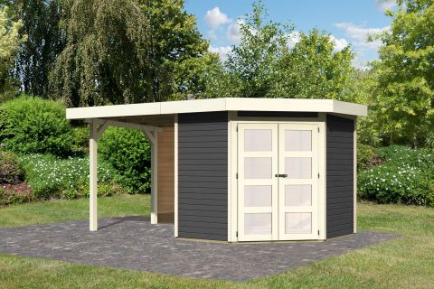 Berging / tuinhuis SET terra grijs met aanbouw dak 2,4 m breed, achterwand, grondoppervlakte: 4,45 m²
