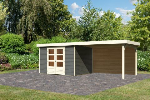 Berging / tuinhuis SET terra grijs met aanbouw dak 2,8 m breed, achterwand, grondoppervlakte: 7,21 m²