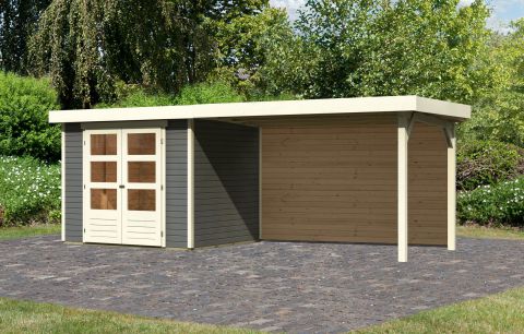 Berging / tuinhuis SET ACTION met aanbouw dak & dubbele deuren, kleur: terra grijs, grondoppervlakte: 5.05 m²