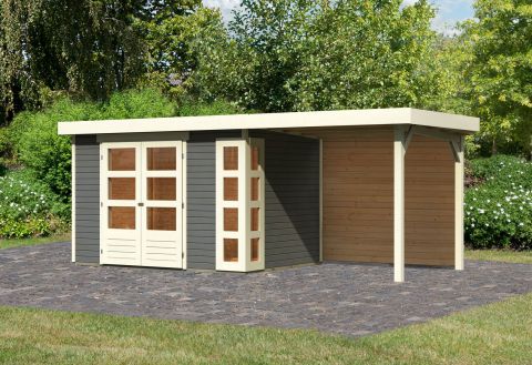 Berging / tuinhuis SET met aanbouw dak en incl. achterwand, kleur: terra grijs, grondoppervlakte: 6.35 m²