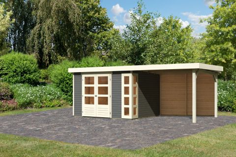 Berging / tuinhuis SET terra grijs met aanbouw dak 2,8 m breed, achterwand, grondoppervlakte: 7 m²