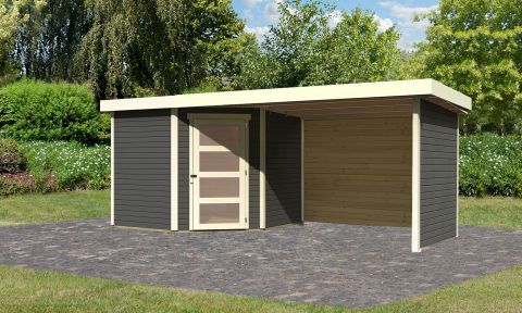 Berging / tuinhuis SET ACTION terra grijs met aanbouw dak 2,8 m breed, zij- en achterwand, grondoppervlakte: 5,76 m²
