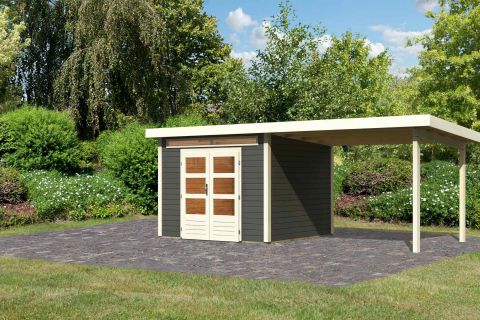 Berging / tuinhuis SET terra grijs met aanbouw dak 3,2 m breed, grondoppervlakte: 7m²