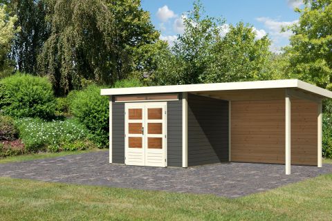 Berging / tuinhuis SET terra grijs met aanbouw dak 3,2 m breed, achterwand, grondoppervlakte: 7m²
