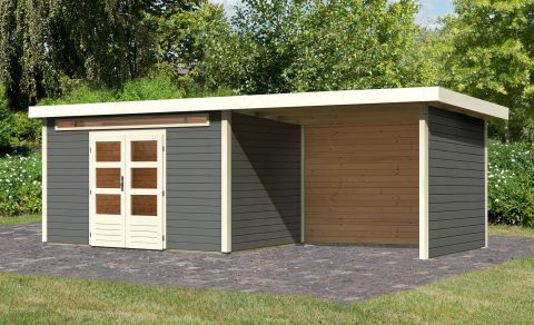 Berging / tuinhuis SET terra grijs met aanbouw dak 3,2 m breed, zij- en achterwand, grondoppervlakte: 8,6 m²