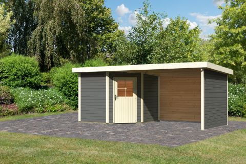 Berging / tuinhuis SET terra grijs met aanbouw dak 3,2 m breed, zij- en achterwand, grondoppervlakte: 5,76 m²