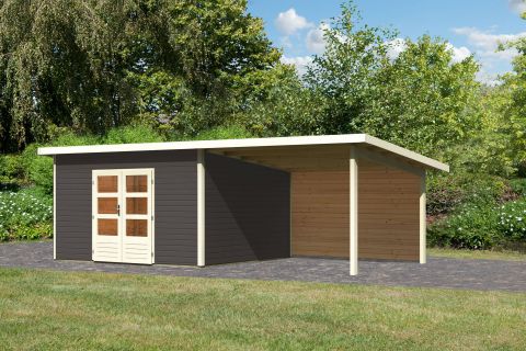 Berging / tuinhuis SET terra grijs met aanbouw dak 3,3 m breed, achterwand, grondoppervlakte: 13,32 m²