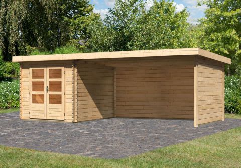 Berging / tuinhuis SET met lessenaarsdak incl. aanbouw dak, zijwand & achterwand, kleur: onbehandeld hout, grondoppervlakte: 6,16 m²