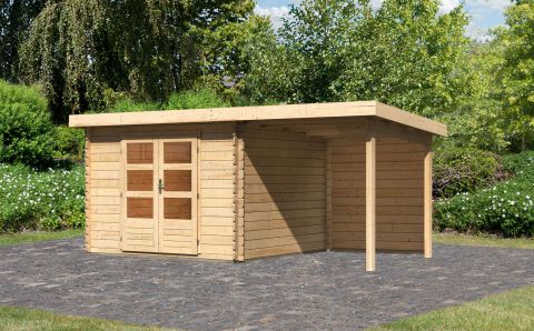 Berging / tuinhuis SET ACTION met lessenaarsdak incl. aanbouw dak & achterwand, kleur: onbehandeld hout, grondoppervlakte: 7,84 m²