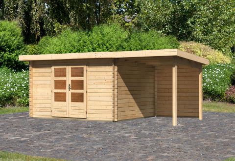 Berging / tuinhuis SET met lessenaarsdak incl. aanbouw dak & achterwand, kleur: onbehandeld, grondoppervlakte: 9,52 m²