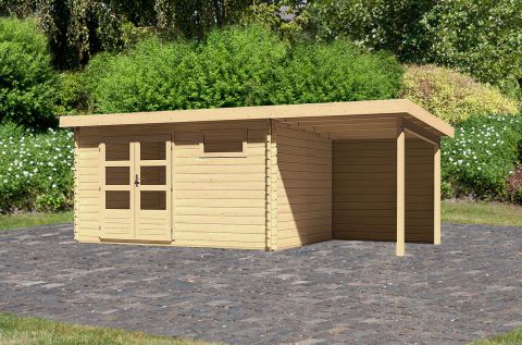 Berging / tuinhuis SET met lessenaarsdak incl. aanbouw dak & achterwand, kleur: onbehandeld, grondoppervlakte: 10,36 m²