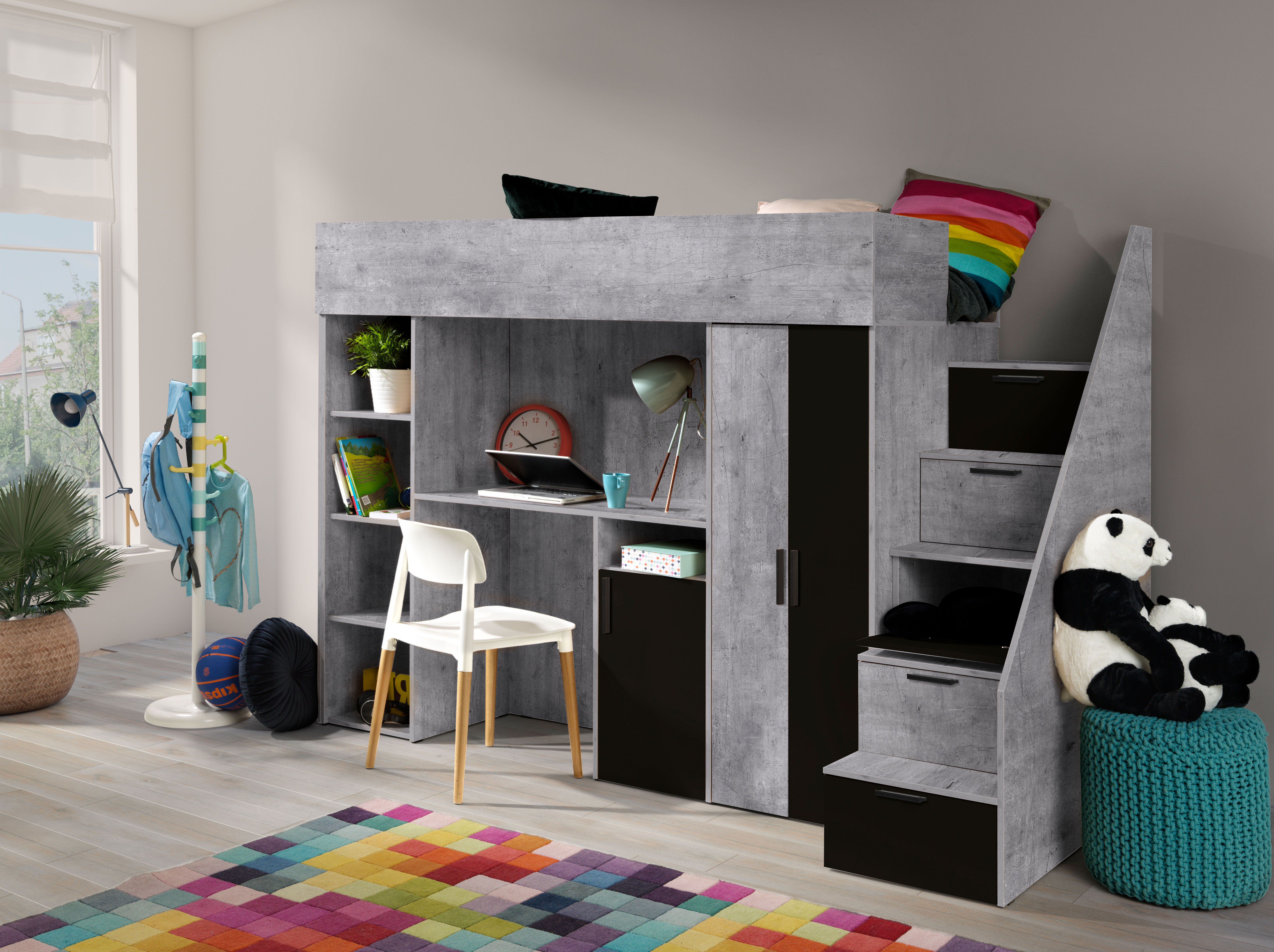 Functioneel bed / kinderbed / hoogslaper combinatie met opbergruimte en bureau Jura 06, kleur: zwart / beton - Afmetingen: 165 x 247 x 120 cm (H x B x D)