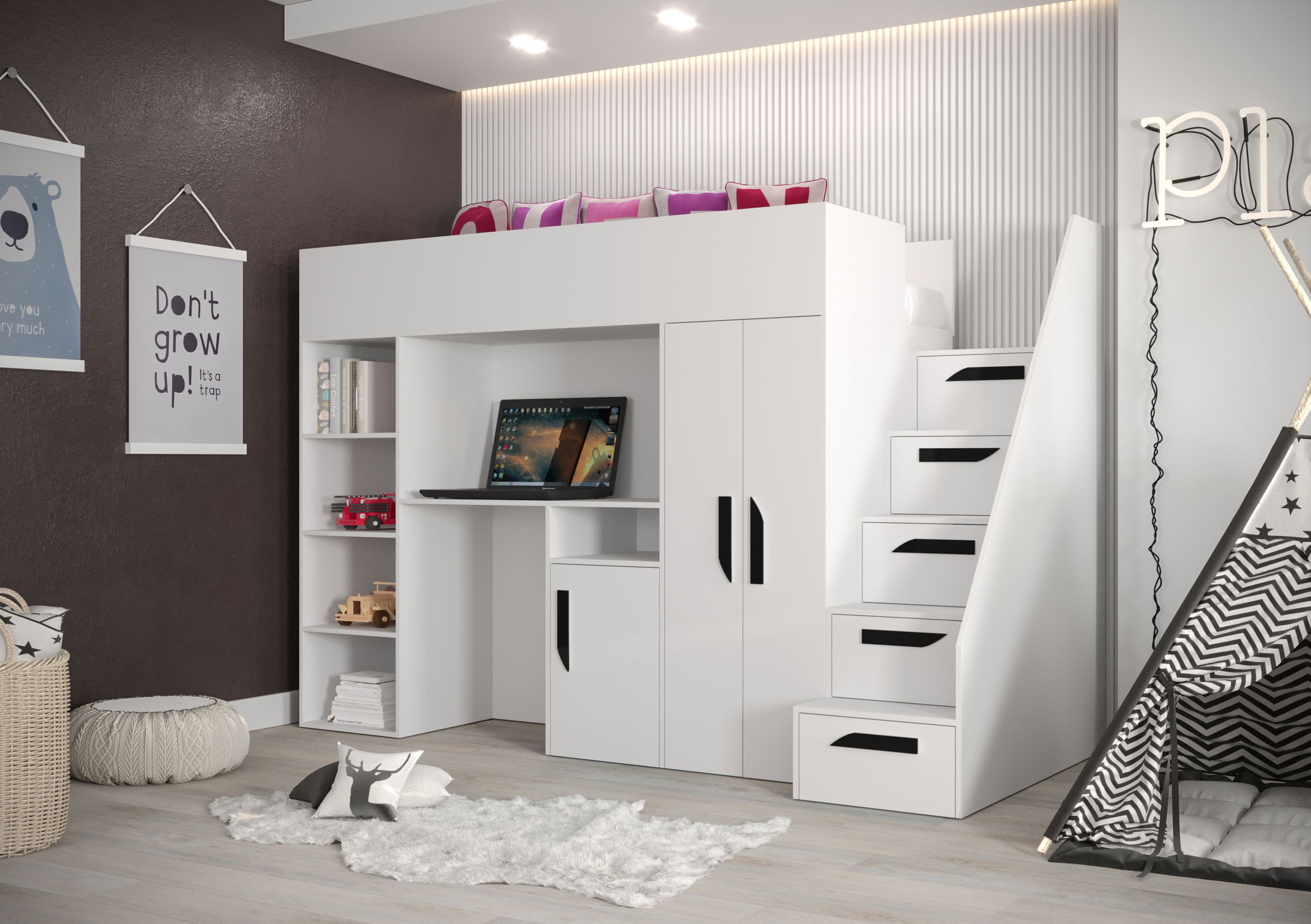 Functioneel bed / kinderbed / hoogslaper combinatie met opbergruimte en bureau Jura 24, kleur: wit / zwart - afmetingen: 165 x 247 x 120 cm (H x B x D)
