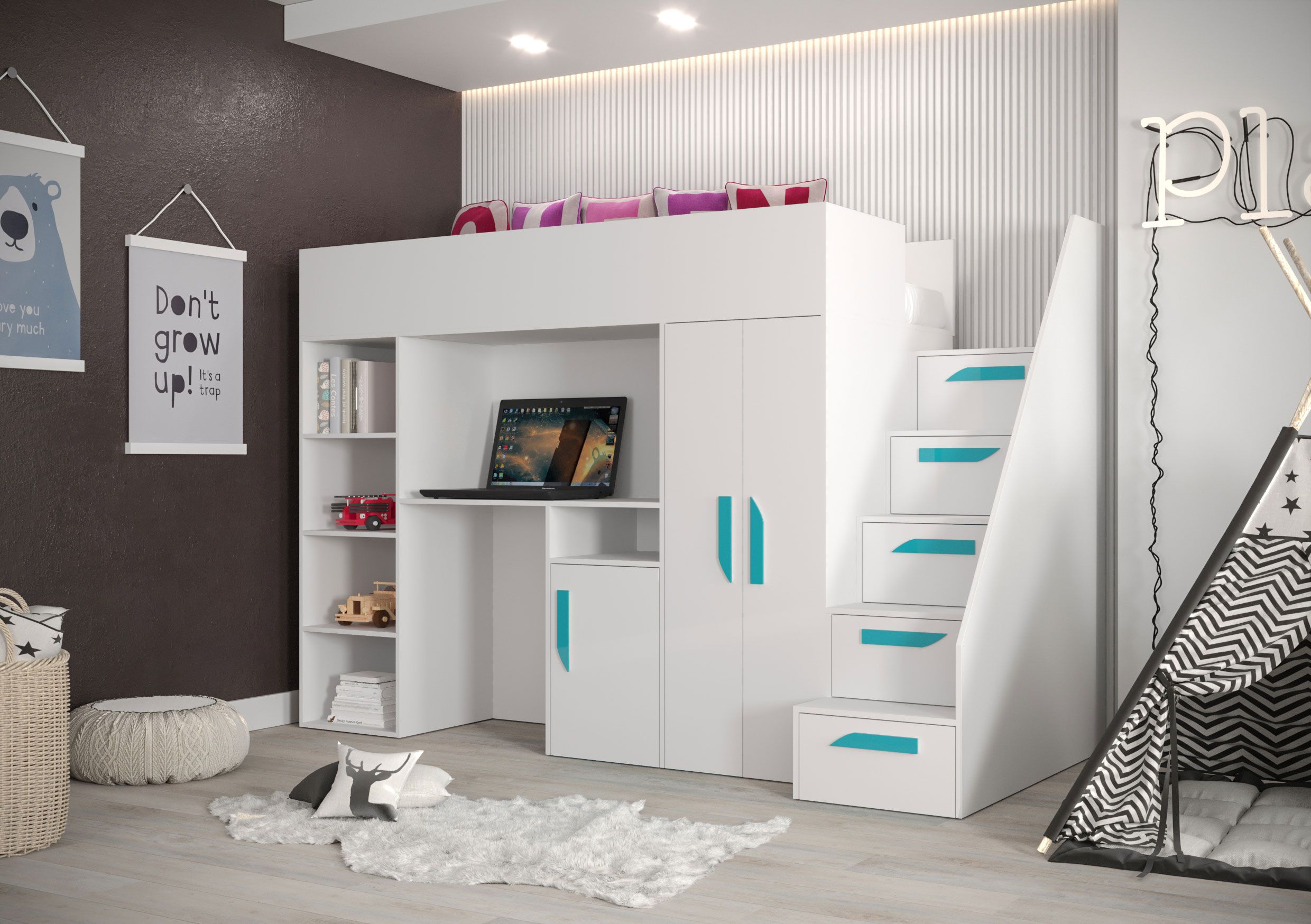 Functioneel bed / kinderbed / hoogslaper combinatie met opbergruimte en bureau Jura 21, kleur: wit / turquoise - afmetingen: 165 x 247 x 120 cm (H x B x D)