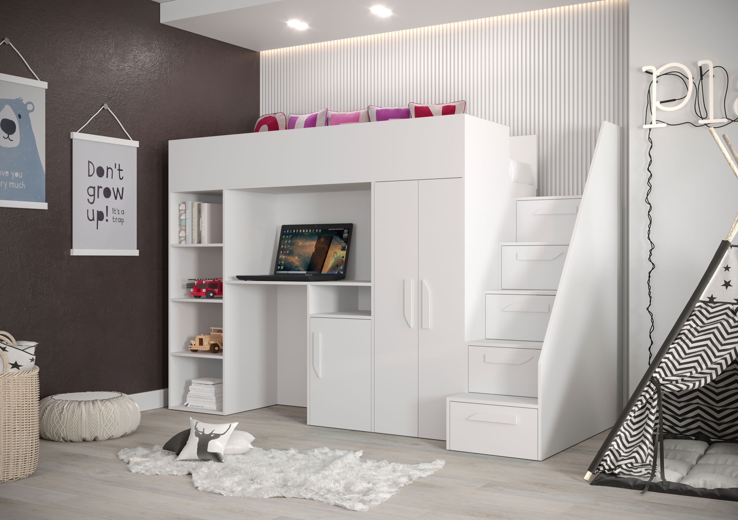 Functioneel bed / kinderbed / hoogslaper combinatie met opbergruimte en bureau Jura 20, kleur: wit - Afmetingen: 165 x 247 x 120 cm (H x B x D)