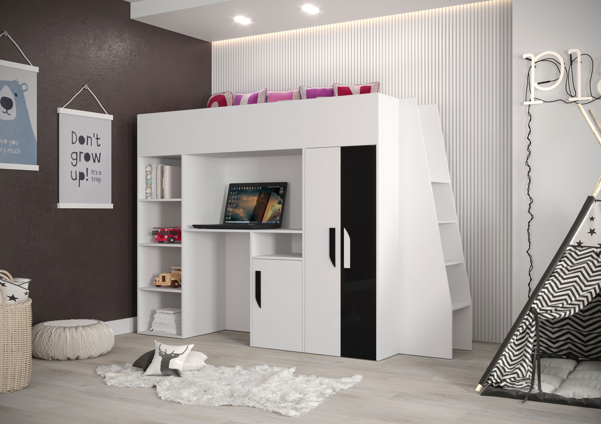 Functioneel bed / kinderbed / hoogslaper combinatie met opbergruimte en bureau Jura 27, kleur: wit / zwart - afmetingen: 165 x 230 x 95 cm (H x B x D)