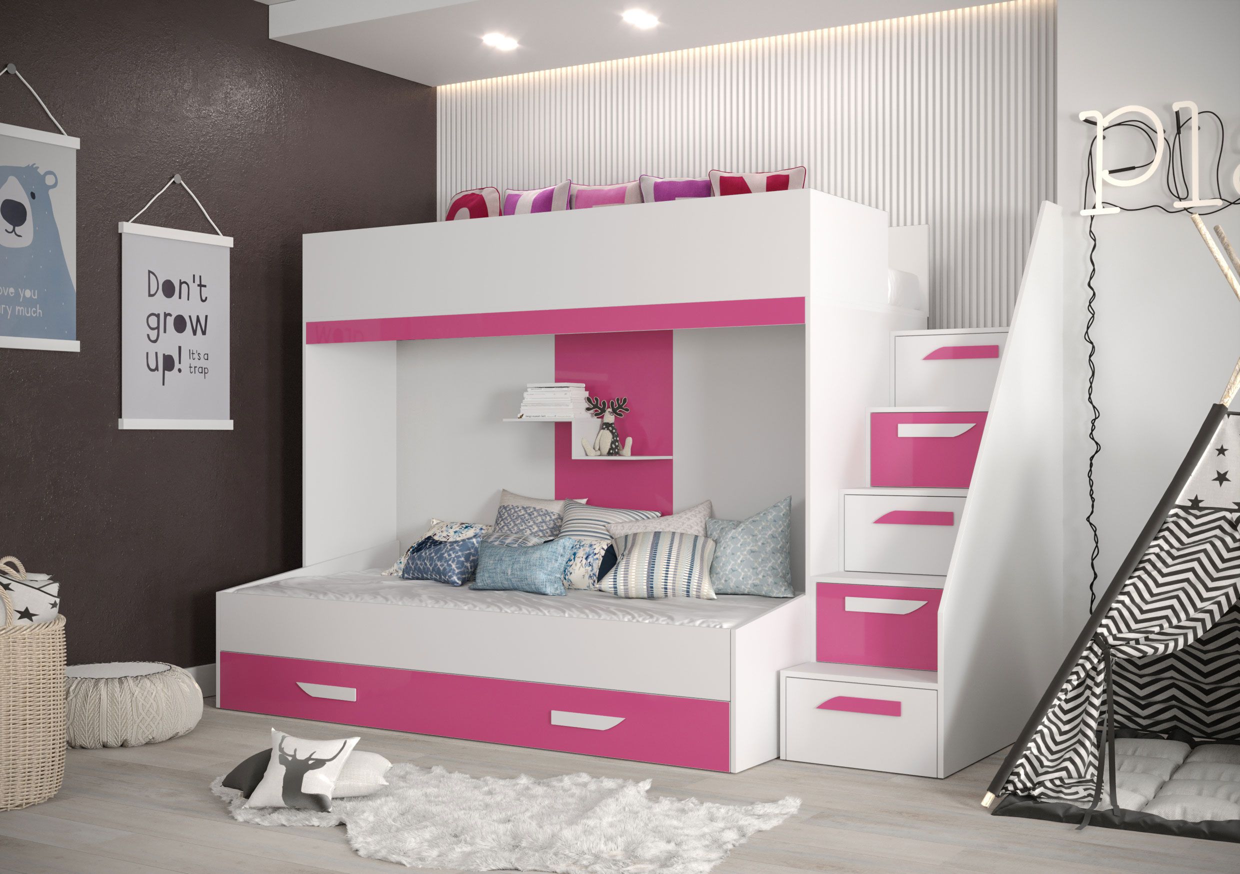 Funktionsbett / Kinderbett / Stockbett-Kombination - mit Stiege rechts, Jura 35, Farbe: Weiß / Pink - Abmessungen: 165 x 247 x 135 cm, 5 Kippfächer
