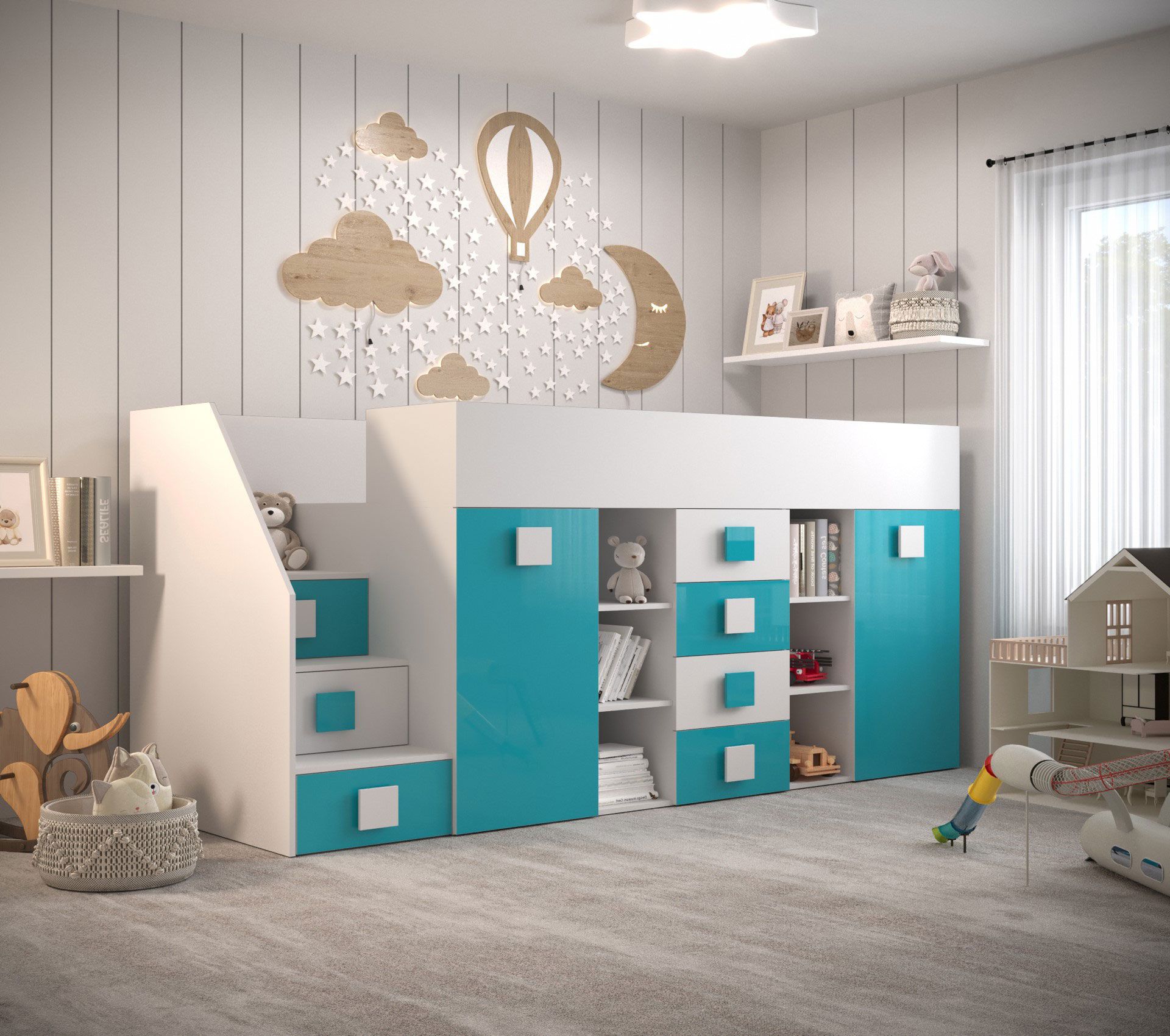 Functioneel bed / kinderbed / hoogslaper combinatie met opbergruimte en bureau Jura 70, kleur: wit / turquoise - afmetingen: 123 x 248,5 x 93 cm (H x B x D)