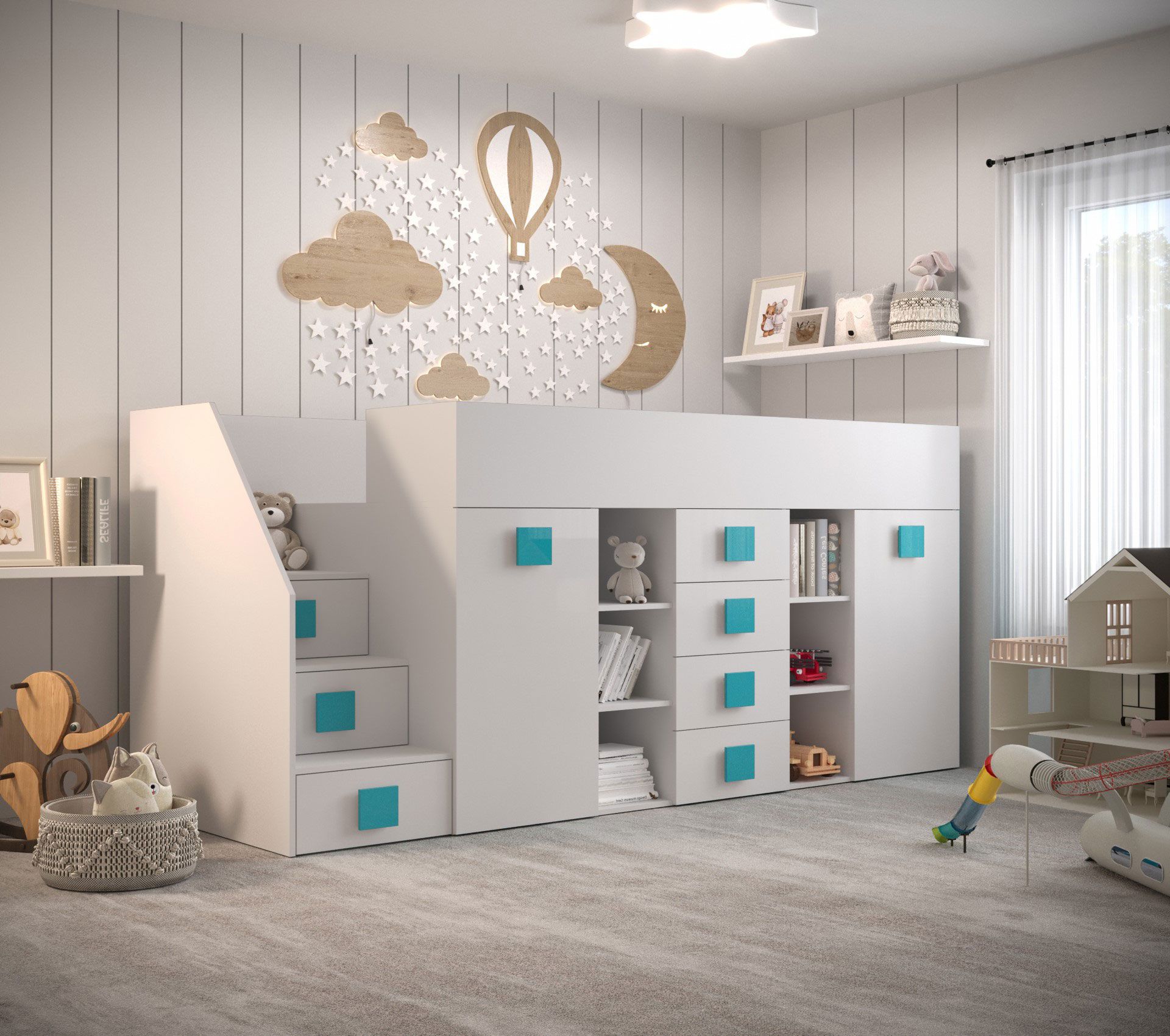 Functioneel bed / kinderbed / hoogslaper combinatie met opbergruimte en bureau Jura 75, kleur: wit / turquoise - afmetingen: 123 x 248,5 x 93 cm (H x B x D)