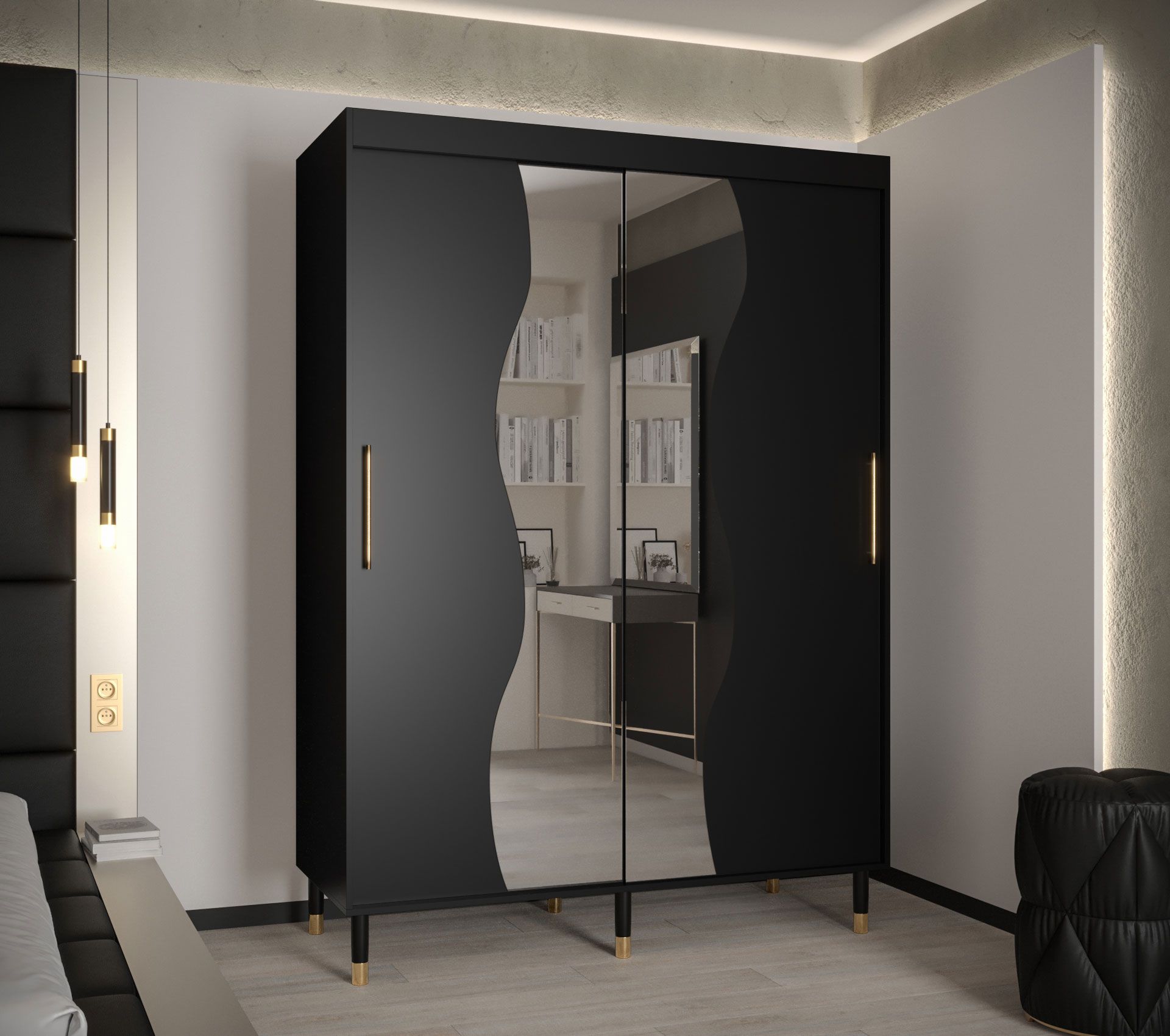 Kledingkast in modern design Jotunheimen 186, kleur: zwart - Afmetingen: 208 x 150,5 x 62 cm (H x B x D)