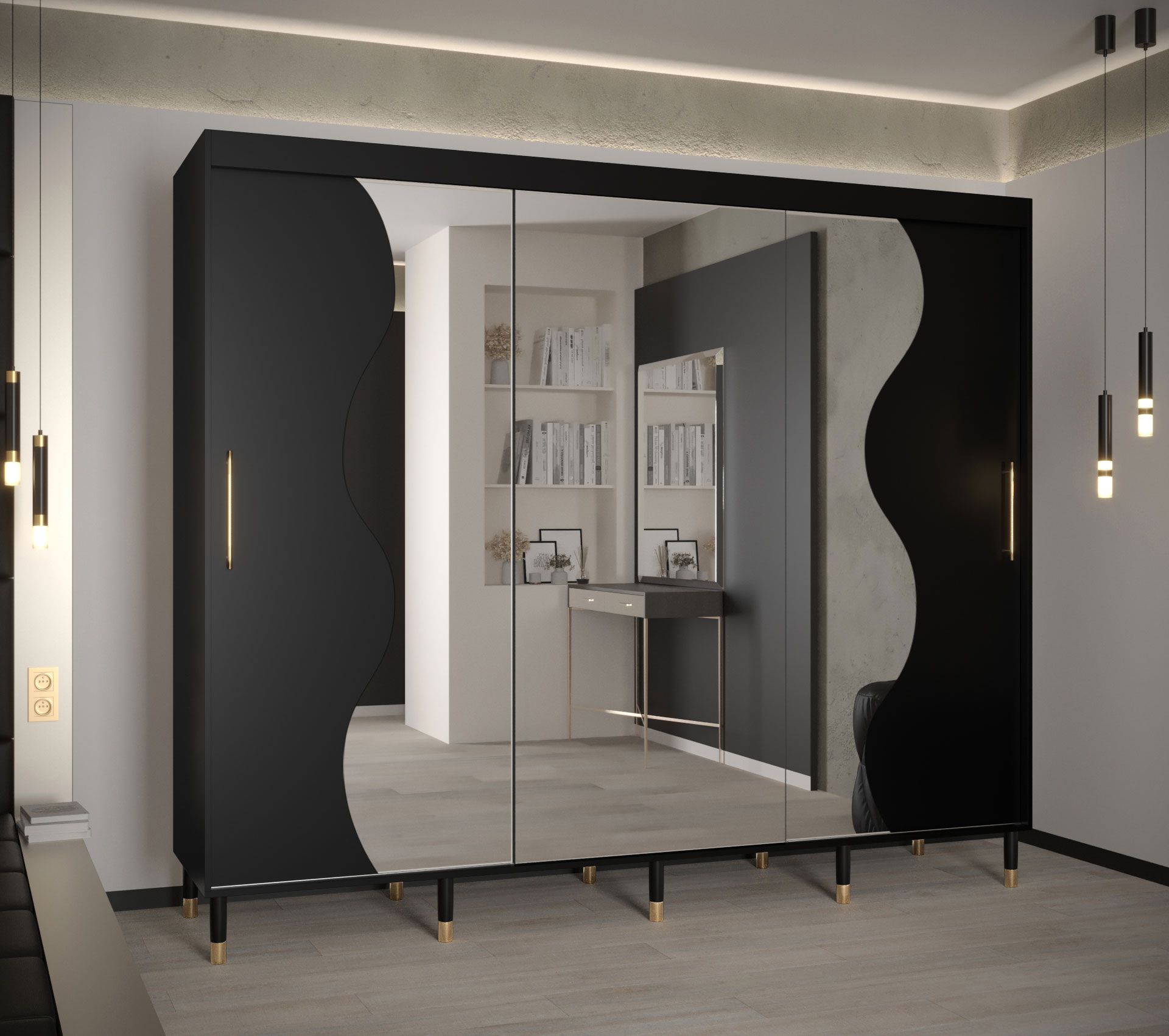 Grote schuifdeurkast met spiegel Jotunheimen 192, kleur: zwart - Afmetingen: 208 x 250,5 x 62 cm (H x B x D)