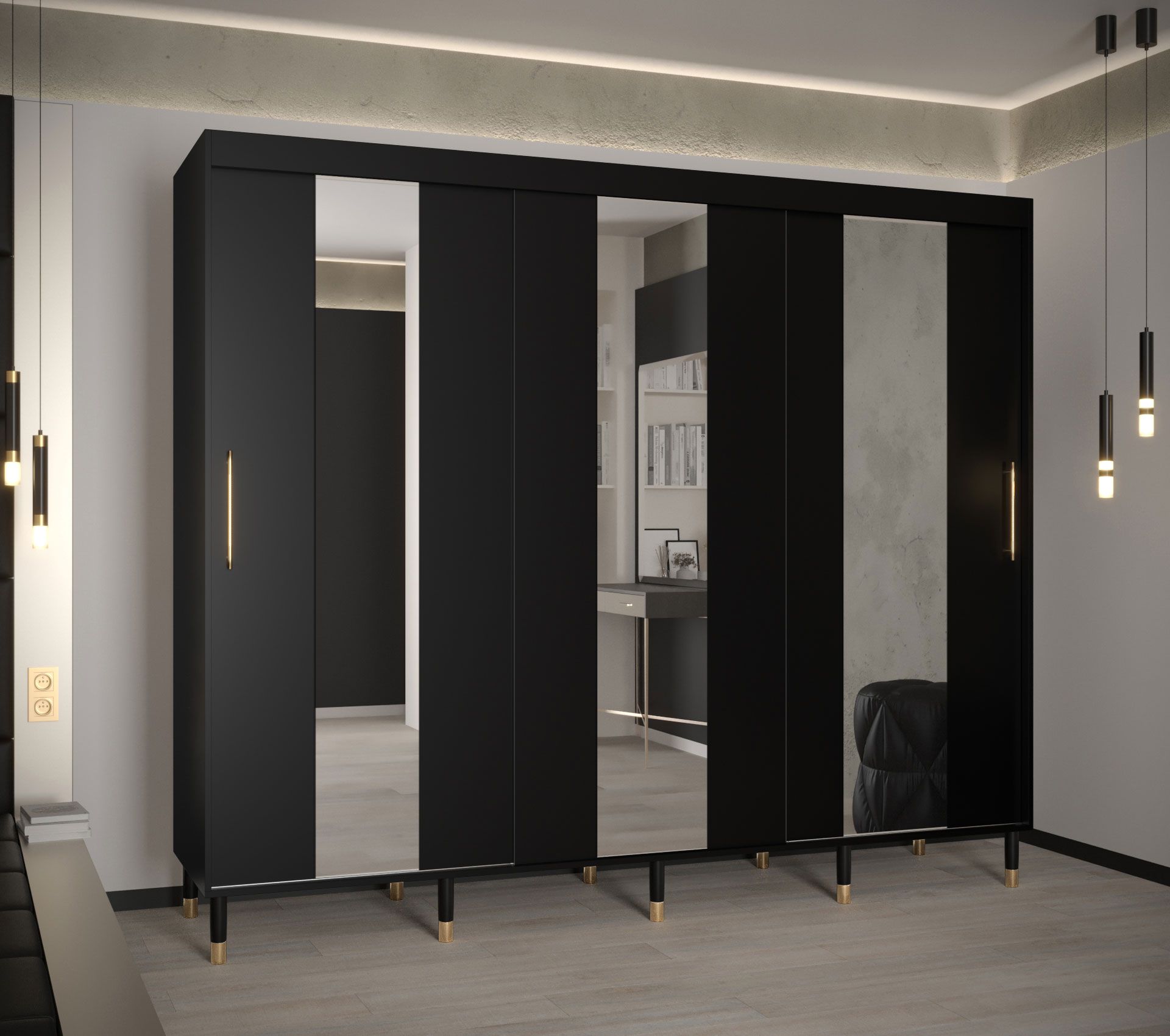 Grote schuifdeurkast met drie spiegelstroken Jotunheimen 204, kleur: zwart - Afmetingen: 208 x 250,5 x 62 cm (H x B x D)