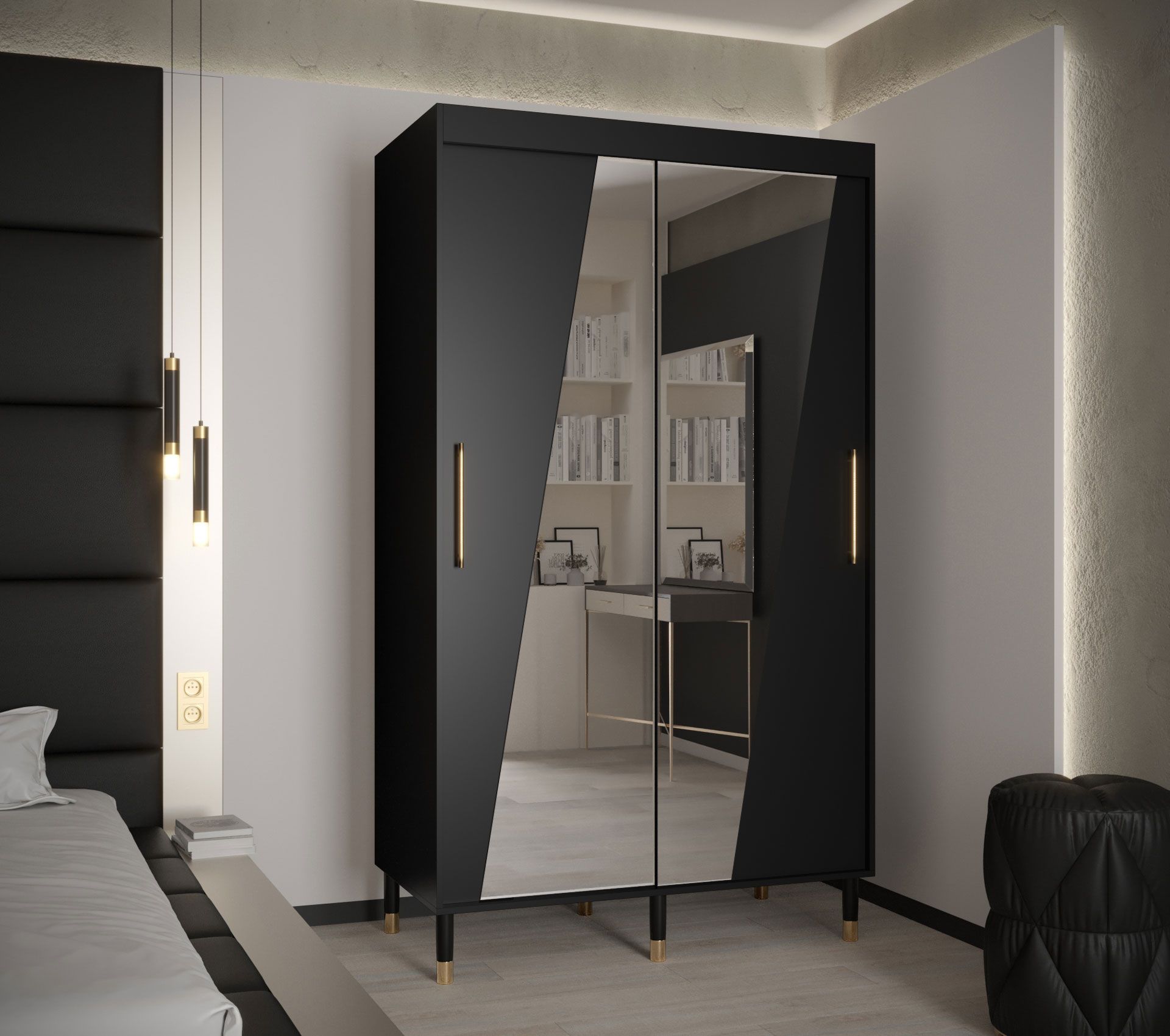 Elegante schuifdeurkast met spiegel Jotunheimen 208, kleur: zwart - Afmetingen: 208 x 120,5 x 62 cm (H x B x D)