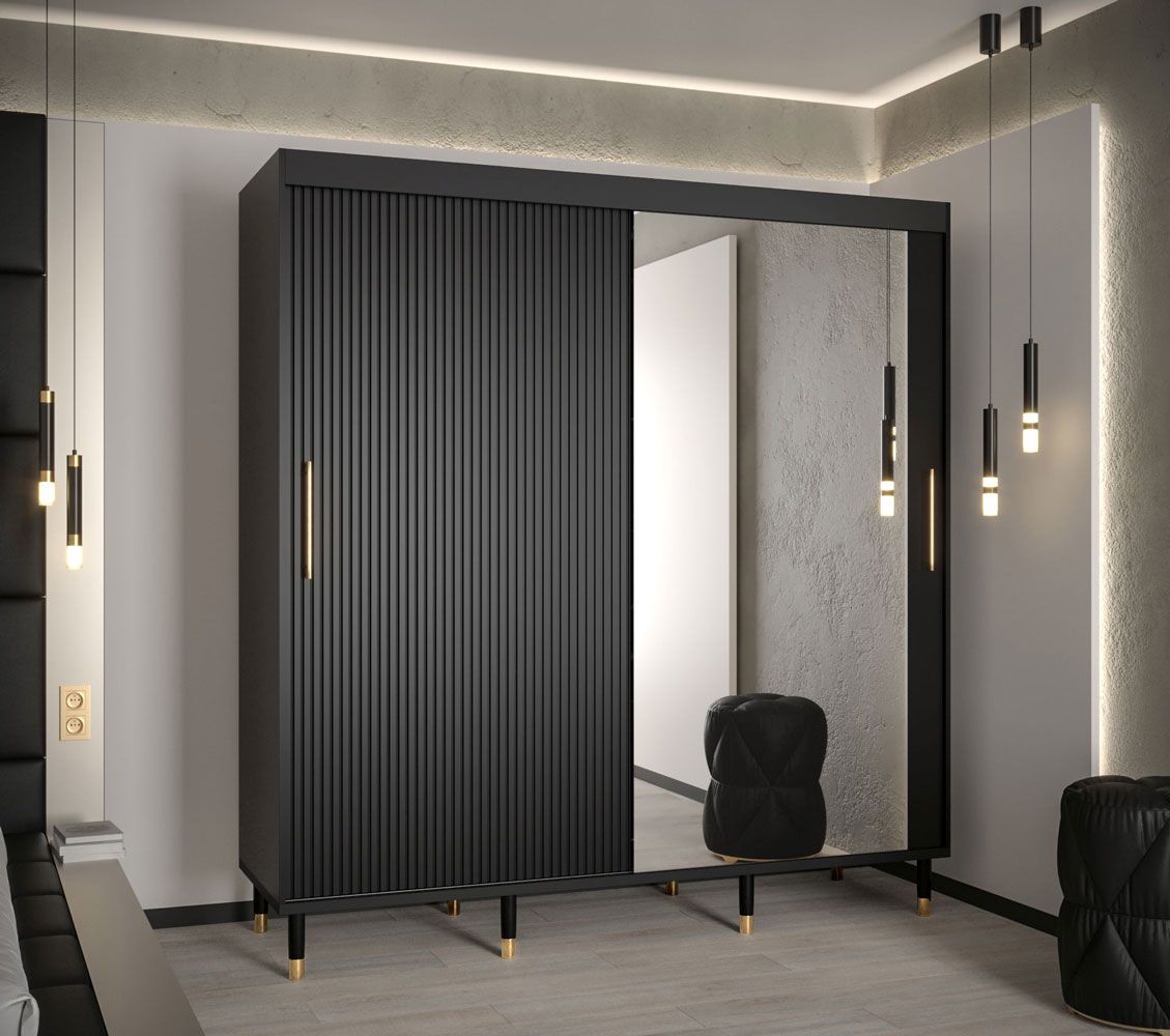 Kledingkast met één spiegeldeur en twee kledingstangen Jotunheimen 118, kleur: Zwart - Afmetingen: 208 x 200,5 x 62 cm (H x B x D)
