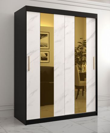 Kledingkast met marmer look Hochfeiler 10, kleur: zwart / wit marmer - afmetingen: 200 x 150 x 62 cm (H x B x D), met vijf vakken en twee spiegels