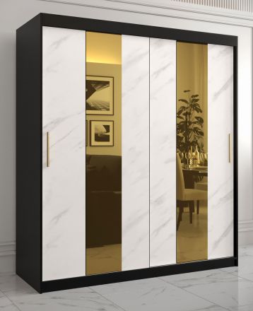 elegante kledingkast Hochfeiler 14 kleerkast, kleur: zwart / wit marmer - afmetingen: 200 x 180 x 62 cm (H x B x D), met twee kledingstangen en twee spiegels