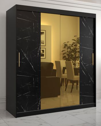 Stijlvolle kledingkast in marmer look Hochfeiler 40, kleur:zwart / zwart marmer - afmetingen: 200 x 180 x 62 cm (H x B x D), met twee spiegels