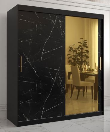 moderne kledingkast met marmer look Hochfeiler 64, kleur:zwart / zwart marmer - afmetingen: 200 x 180 x 62 cm (H x B x D), met één spiegel