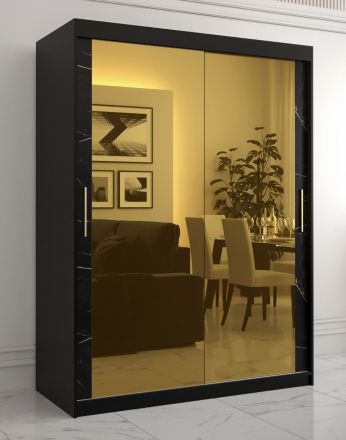 Bijzondere kledingkast met twee spiegeldeuren Hochfeiler 84, kleur:zwart / zwart marmer - afmetingen: 200 x 150 x 62 cm (H x B x D), met 10 vakken