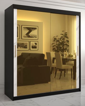 moderne kledingkast met twee grote spiegeldeuren Hochfeiler 86, kleur: zwart / wit marmer - afmetingen: 200 x 180 x 62 cm (H x B x D), met voldoende opbergruimte