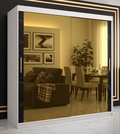 elegante kledingkast met marmer look Hochfeiler 89, kleur: wit / zwart marmer - afmetingen: 200 x 200 x 62 cm (H x B x D), met 10 vakken en twee spiegels