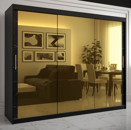 Kledingkast met drie spiegeldeuren Hochfeiler 96, kleur:zwart / zwart marmer - afmetingen: 200 x 250 x 62 cm (H x B x D), met 10 vakken en twee kledingstangen