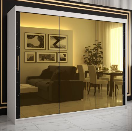 elegante kledingkast met drie spiegeldeuren Hochfeiler 93, kleur: wit / zwart marmer - afmetingen: 200 x 250 x 62 cm (H x B x D), met 10 vakken en twee kledingstangen