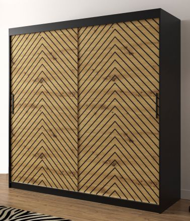 Kledingkast met buitengewoon design Mulhacen 65, kleuren: mat zwart / eiken Artisan - afmetingen: 200 x 200 x 62 cm (H x B x D), met 10 vakken en twee kledingstangen