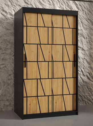 moderne kledingkast front met patroon Olperer 07, kleur: mat zwart - afmetingen: 200 x 100 x 62 cm (H x B x D), met vijf vakken en twee kledingstangen