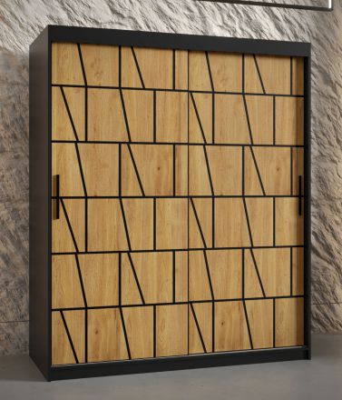 elegante kledingkast met Olperer 09 patroonfront, kleur: mat zwart - afmetingen: 200 x 150 x 62 cm (H x B x D), met vijf vakken en twee kledingstangen