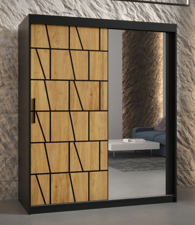elegante kledingkast front met patroon Olperer 16, kleur: mat zwart - afmetingen: 200 x 150 x 62 cm (H x B x D), met spiegel