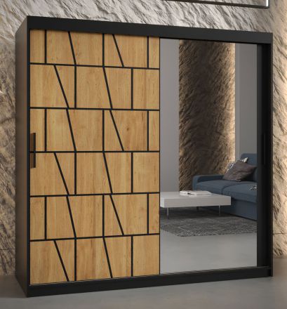 moderne kledingkast met één deur met spiegel Olperer 016, kleur: mat zwart - afmetingen: 200 x 180 x 62 cm (H x B x D), met 10 vakken
