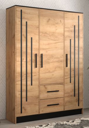 elegante kledingkast met drie deuren Marmolada 34, kleur: eiken / zwart - afmetingen: 202 x 153 x 40 cm (H x B x D), met 10 vakken en twee laden