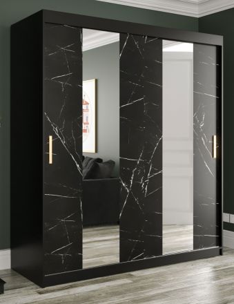 elegante kledingkast met marmer look Etna 13, kleur: mat zwart / zwart marmer - afmetingen: 200 x 180 x 62 cm (H x B x D), met twee spiegels